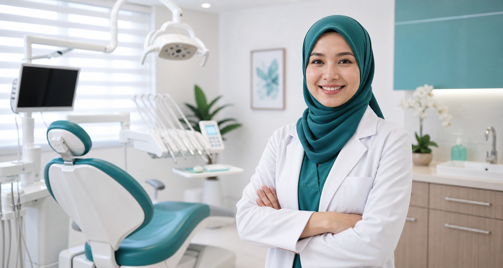 Malay female dental professional wearing a teal hijab in a modern dental clinic